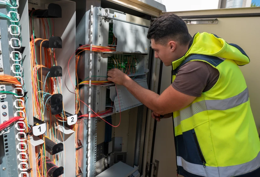 Technician working on electrical control panel.